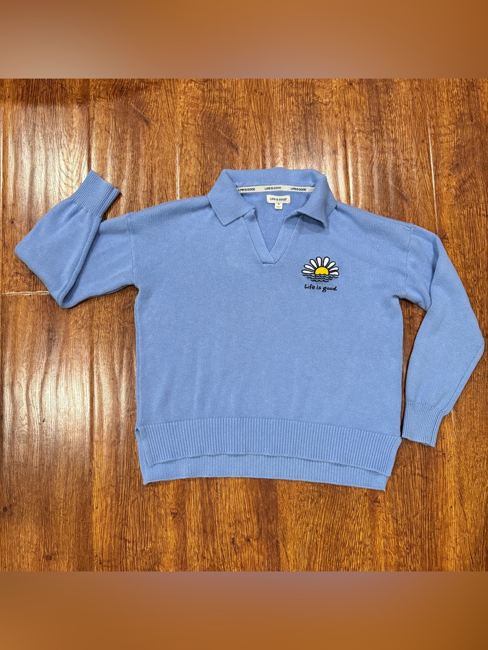 Life Is Good Blue Daisy Polo Sweater